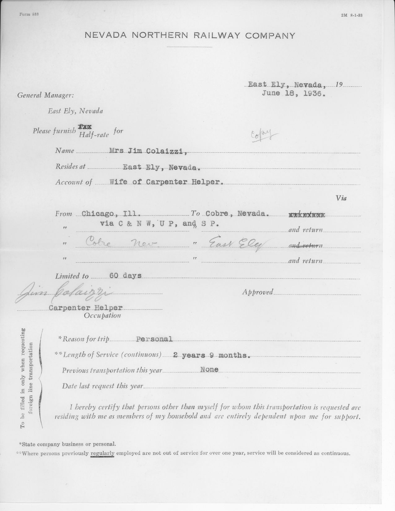1936 Mrs. Jim Colaizzi Pass Request